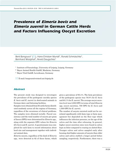 Pdf Prevalence Of Eimeria Bovis And Eimeria Zuernii In German Cattle