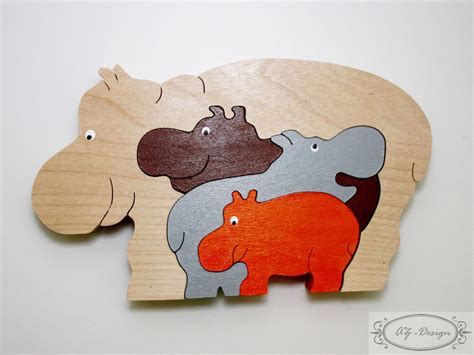 Puzzle en bois hippopotame famille nature jouet enfant cadeau Noël