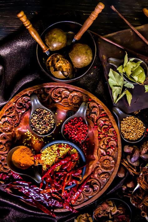 Top View Spices And Herbs Ingredient Decoration On Wood Table For Cook