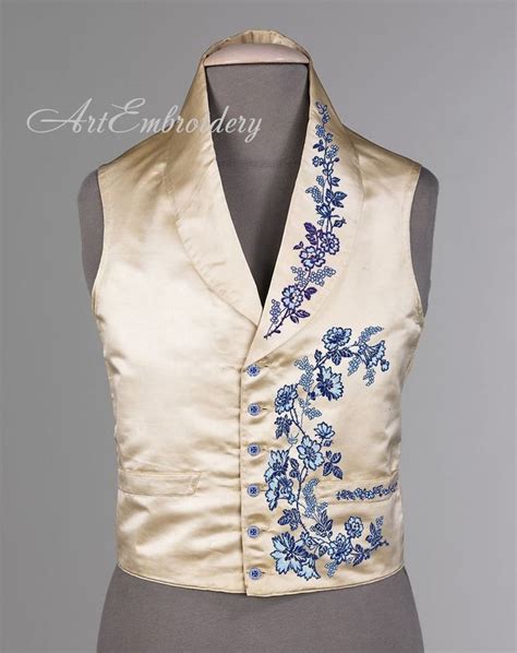 Victorian Style Mans Blue Flowers Waistcoat Machine Embroidery