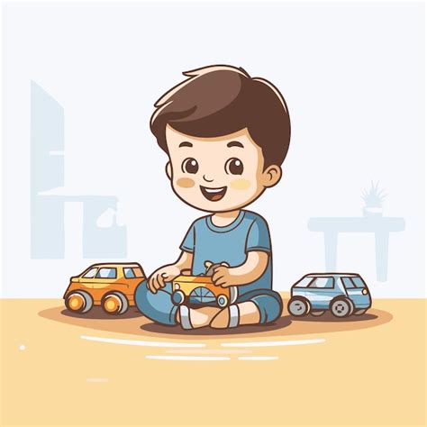 Un niño lindo jugando con un coche de juguete ilustración vectorial al