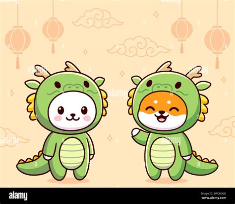 Kawaii cat and dog in green dragon costumes. Chinese New Year greeting ...