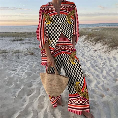 Women New Printed Long-sleeved Shirt Wide-leg Pants Two-piece Set Women ...