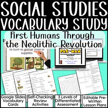 First Humans - Paleolithic and Neolithic Age Vocabulary, BoomCards, & More!