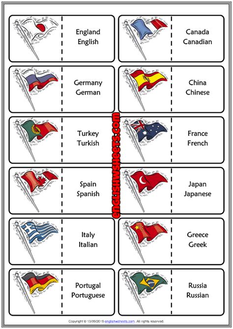 Countries And Nationalities ESL Printable Dominoes Game