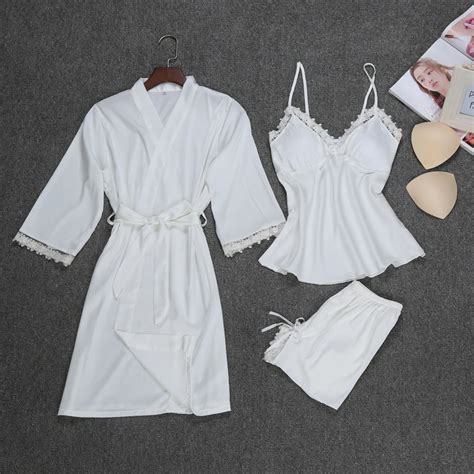 Ladies Sexy Silk Satin Sleepwear Set Lace Robe Pajama Set 3 Pieces