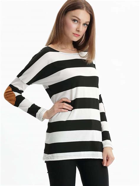 White Black Long Sleeve Striped T Shirtfor Women Romwe