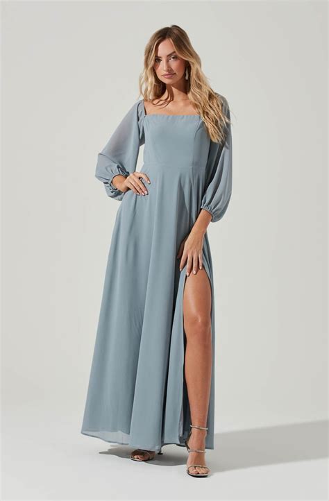 Lucinda Square Neck Long Sleeve Maxi Dress Dusty Blue Xl Long