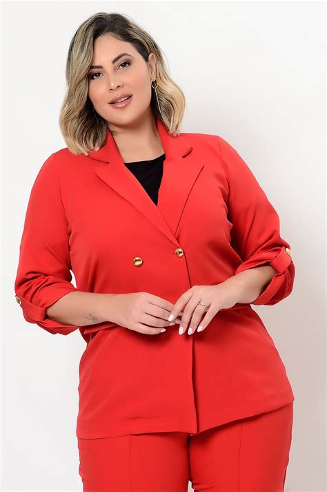 Blazer Vermelho Alfaiataria Botões Dourados Plus Size Vermelho