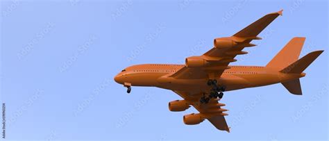 Realistic scene with flying airplane. 3d rendering - illustration Stock ...