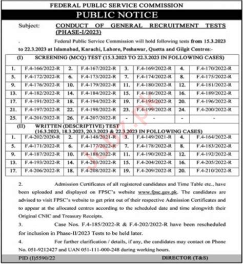 Fpsc General Recruitment Test Phase I Job Advertisement Pakistan