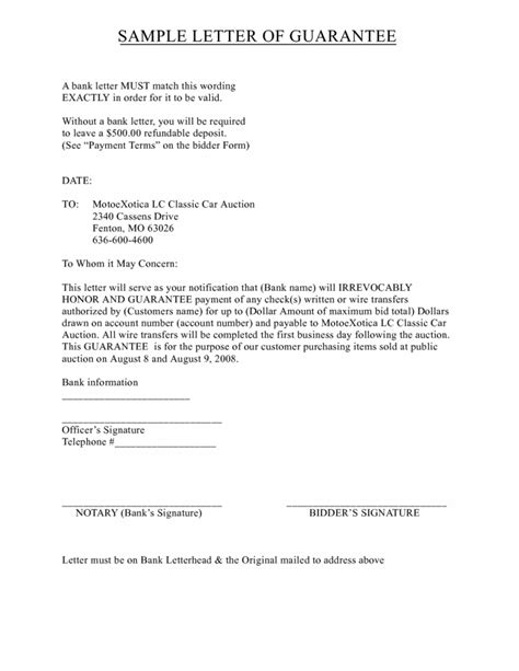 Letter Of Guarantee Sample Template Business Format