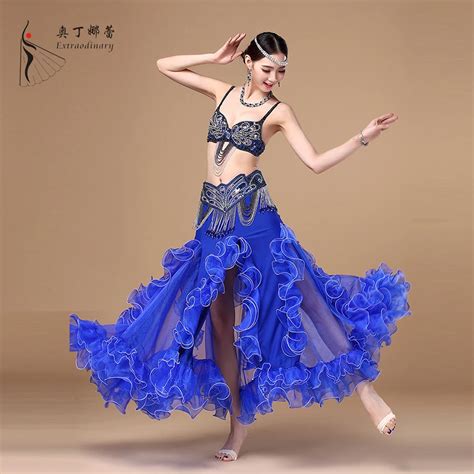 Belly Dance Costume Suit Embroidered Bra Peacock Tail Slit Skirt