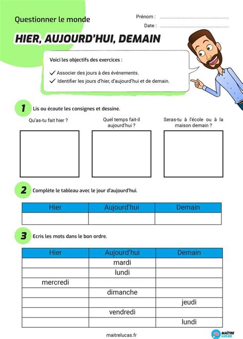 Exercices Hier aujourd hui demain Enseignement du français Exercice