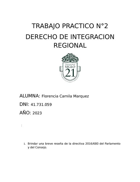 Tp Der Int Reg Trabajo Practico Modelo Derecho De Integraci N