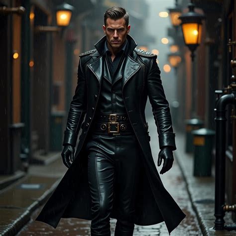 Men Gothic Leather Trench Coat Black Long Jacket With Waistcoat
