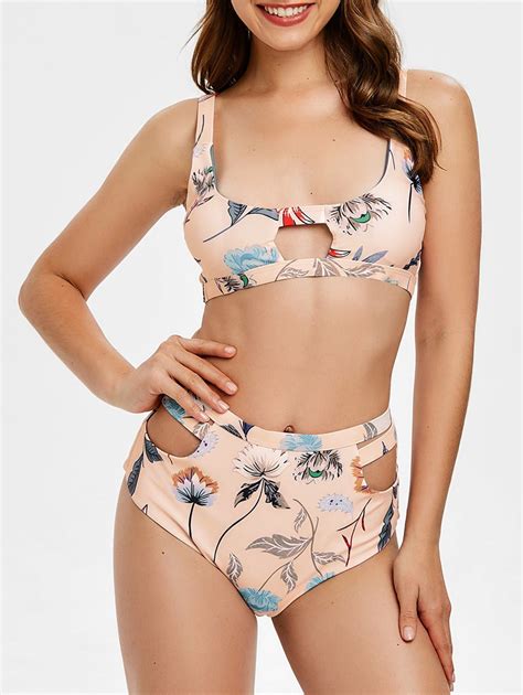 43 OFF Cut Out Floral Print High Waist Bikini Set Rosegal