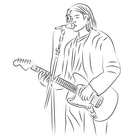 Kurt Cobain With Guitar In Line Art Style Vector Art At Vecteezy