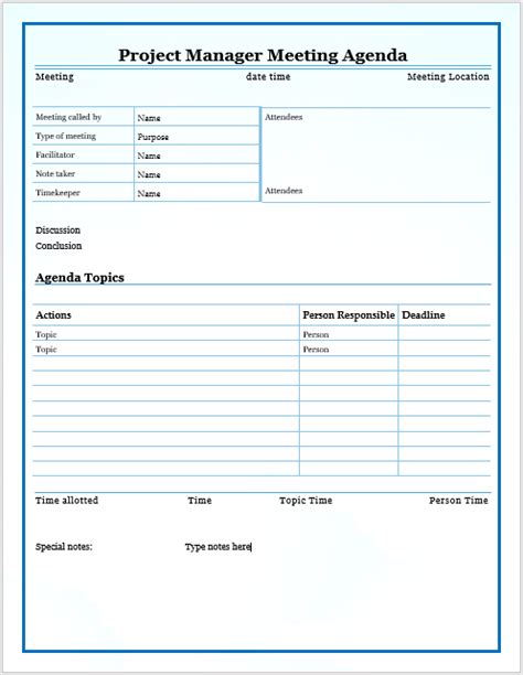 Project Managers Meeting Agenda Template | Printable Meeting Agenda ...