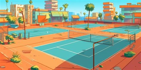 Una Ilustraci N De Dibujos Animados De Una Cancha De Tenis Con Palmeras