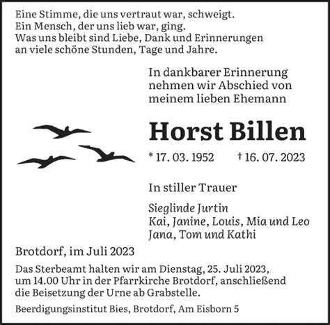 Traueranzeigen Von Horst Billen Saarbruecker Zeitung Trauer De