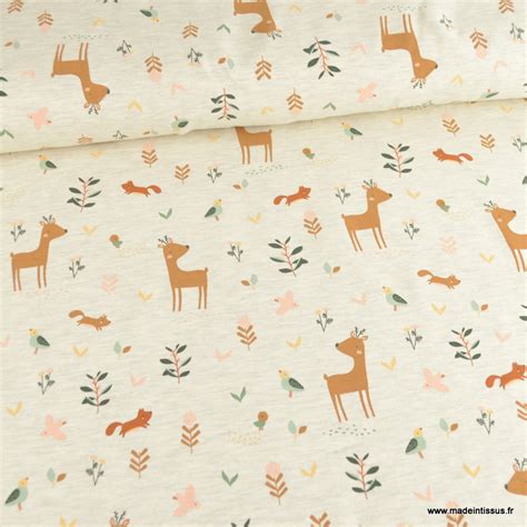 Tissu Jersey Motif Animaux De La Foret Fond Cru Chin Poppy Fabrics