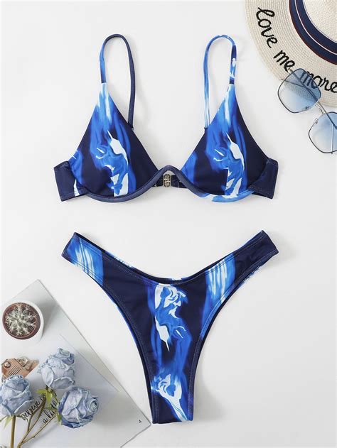 Shein Swim Vcay Graphic Print Bikini Set Underwire Bra Top High Cut