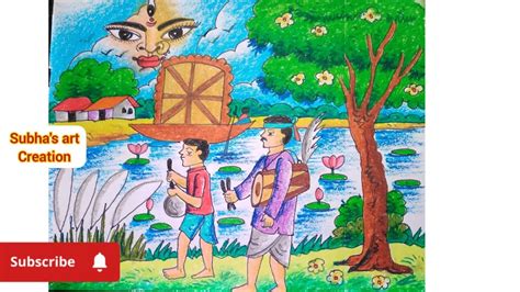 Oil Pastel Durga Puja Special Scenery Drawing With Human Figure For