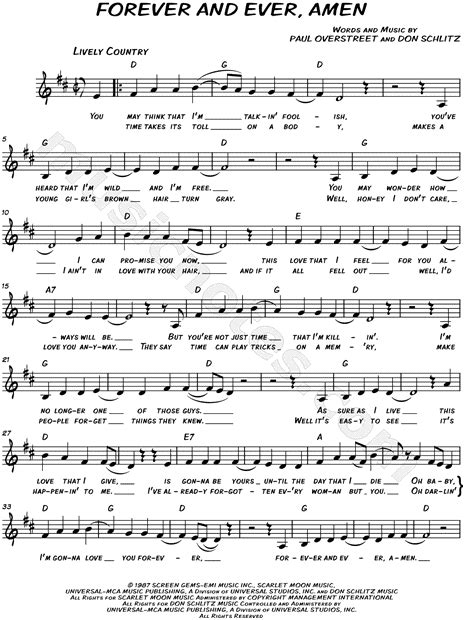 Randy Travis Forever And Ever Amen Sheet Music Leadsheet In D Major Download And Print