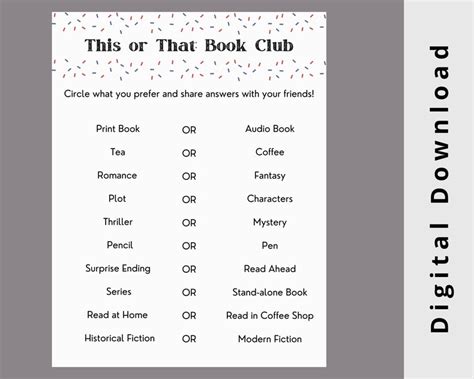 Book Club This Or That Game Book Club Party Game Book Games Book