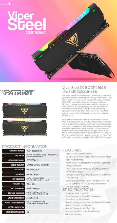 Kit Memoria RAM Patriot Viper Steel RGB DDR4 16GB 2x8GB 3600MHz