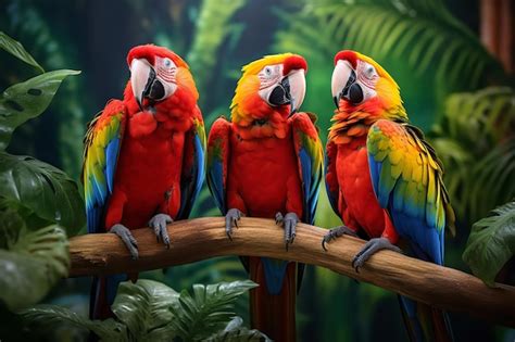 Premium AI Image Colorful Macaw Parrots In A Dense Jungle