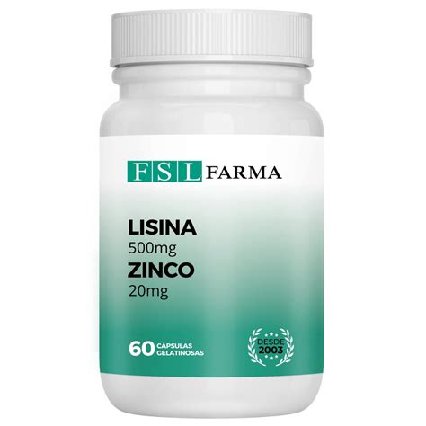 Lisina 500mg Zinco 20mg l Imunidade 60 Cápsulas FSL Farma