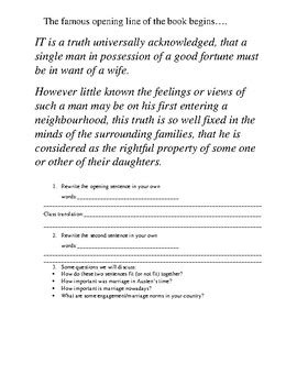 Pride And Prejudice Close Reading Exercises Passage Analysis By Pun