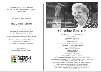 Traueranzeigen Von Caroline Reinartz Aachen Gedenkt