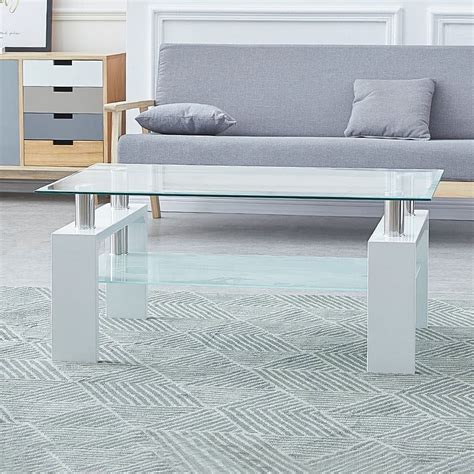 Clipop Modern Rectangle 2 Tier Coffee Table Tempered Glass Shelf For Living Roomwhite