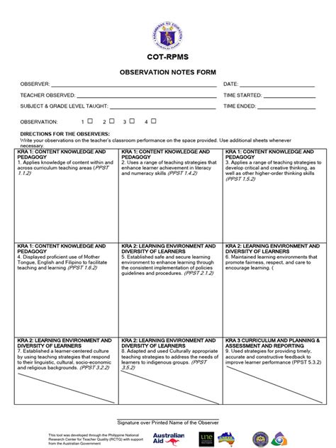 Appendix C 08 Cot Rpms Observation Notes Form Pdf Pedagogy Learning