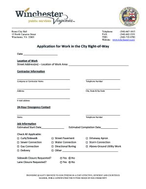 Fillable Online Winchesterva Row Work Permit Application