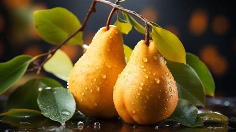 Premium AI Image Fresh Pear Fruit With Water Droplets On Branch In