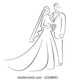 Continuous Line Drawing Wedding Bride And Groom Vector Art At