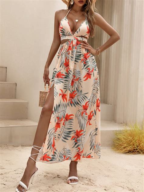 Shein Vcay Tropical Print Backless Knot Halter Neck Slit Thigh Dress