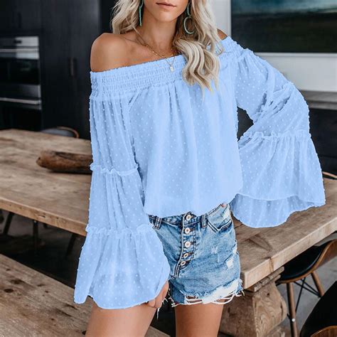 Buy Carry Me Womens Off The Shoulder Tops Long Bell Sleeve Flared