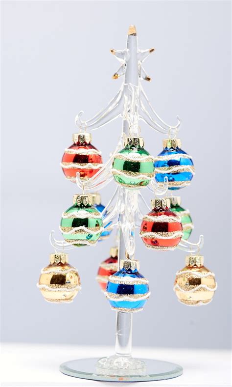 Miniature Glass 8" Christmas Tree Green with 10 Multicolor Ornaments