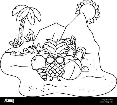 Summer Pineapple With Sunglasses And Ice Cream Cartoons At Beach With Sun And Palms Scenery