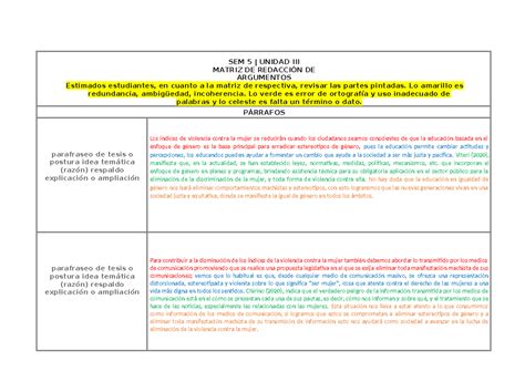 Matriz Párrafos Argumentativos S5 COMU3 2023 1 SEM 5 UNIDAD III