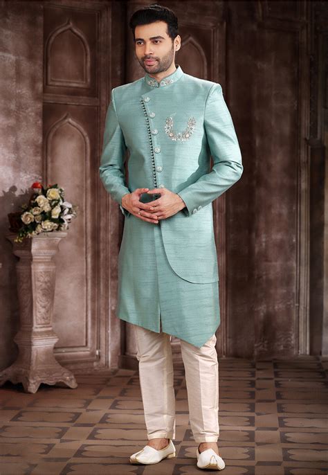 Hand Embroidered Art Silk Asymmetric Sherwani In Light Blue MLY1036