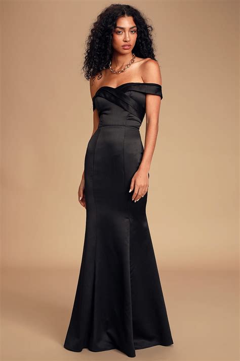 Adored Forever Black Satin Off The Shoulder Maxi Dress