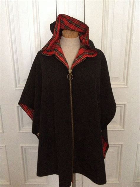 Vintage S Black Plaid Hooded Cape Coat On Etsy Cape Coat