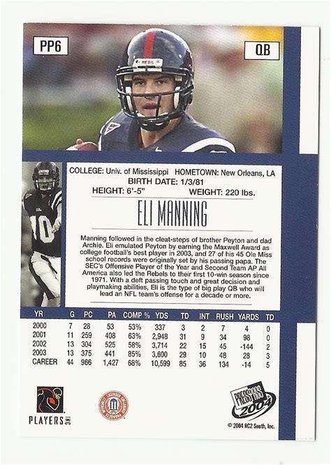 Eli Manning 2004 Press Pass Rookie Card Pp6 New York Giants