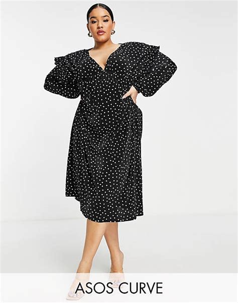 Asos Design Curve Plisse V Neck Midi Dress In Mono Spot Print Asos